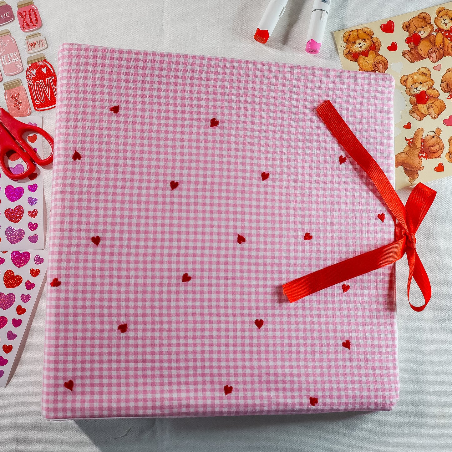 Pink Gingham Hearts Handmade Scrapbook Album | Customizable scrapbooking with Embroidery, Valentine's Day Scrapbook, Anniversary Gift