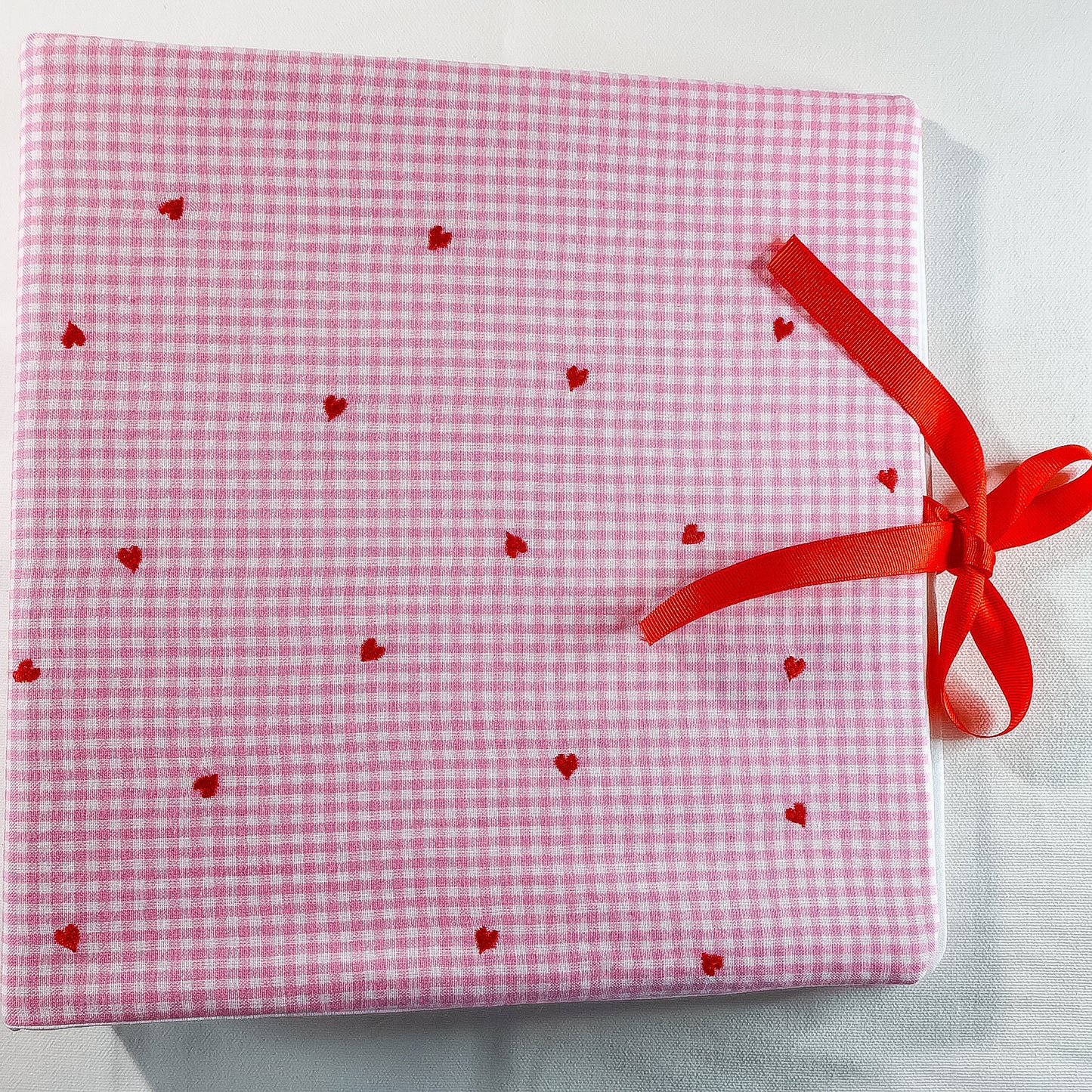 Pink Gingham Hearts Handmade Scrapbook Album | Customizable scrapbooking with Embroidery, Valentine's Day Scrapbook, Anniversary Gift
